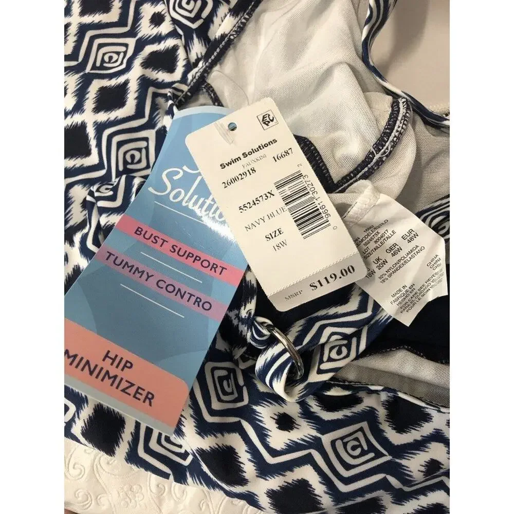 NWT Women's Swim Solutions Aztec Print Tummy-Control Swimdress  Blue Plus Sz 18W - Picture 7 of 7